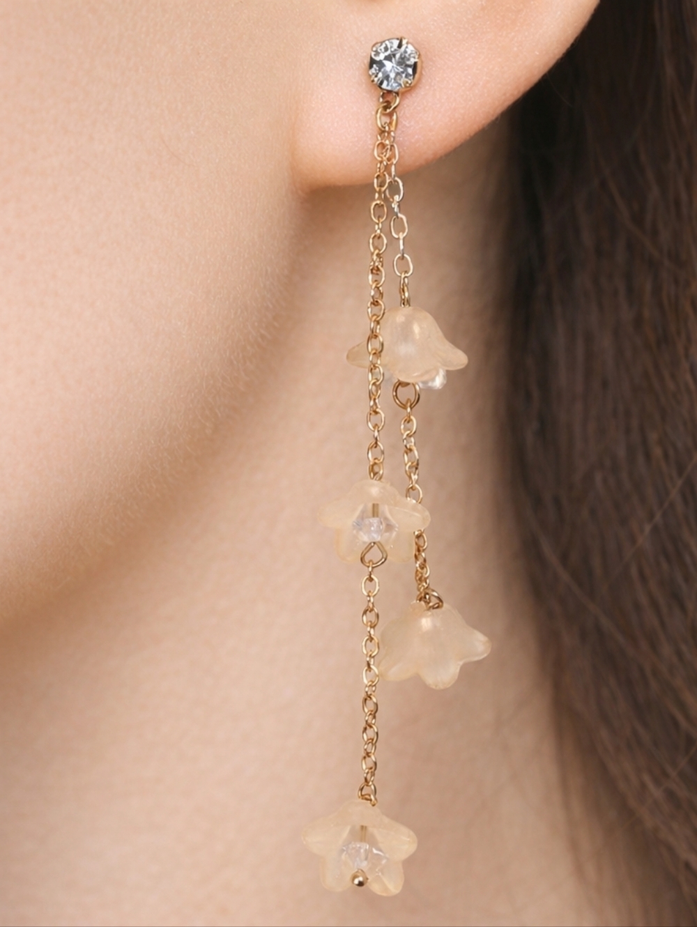 Rose Gold tone & Cream color Flower Crystal 3.5" Drop Dangle Earrings for Women